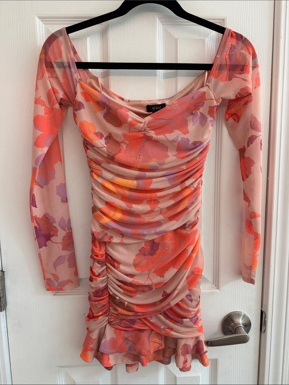 AFRM Adrian Ruched Floral Off The Shoulder Mesh Mini Dress Size Small